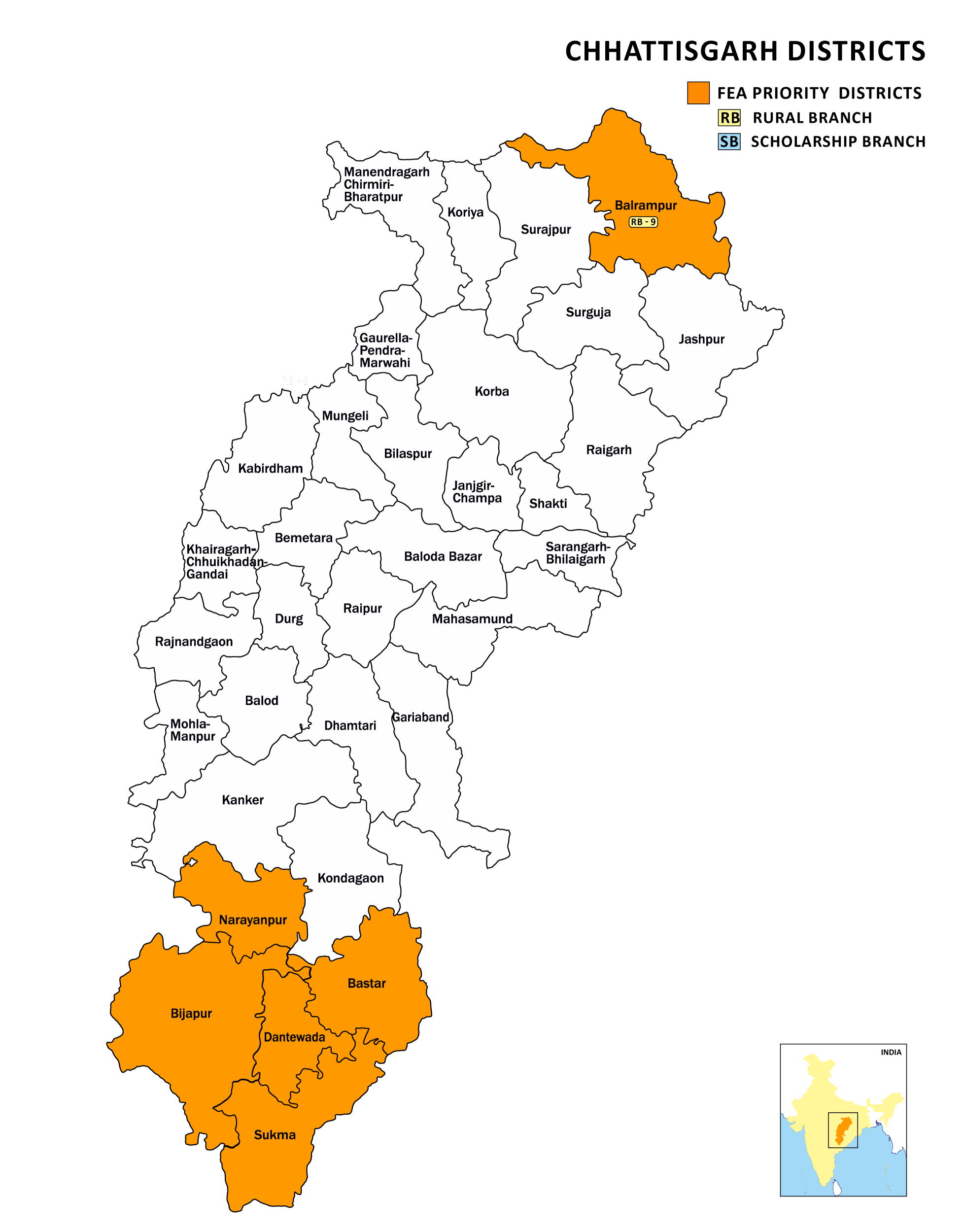 Chhattisgarh districts map showing FEA priority districts and Rural Branch (RB) and Scholarship Branch (SB) labels
