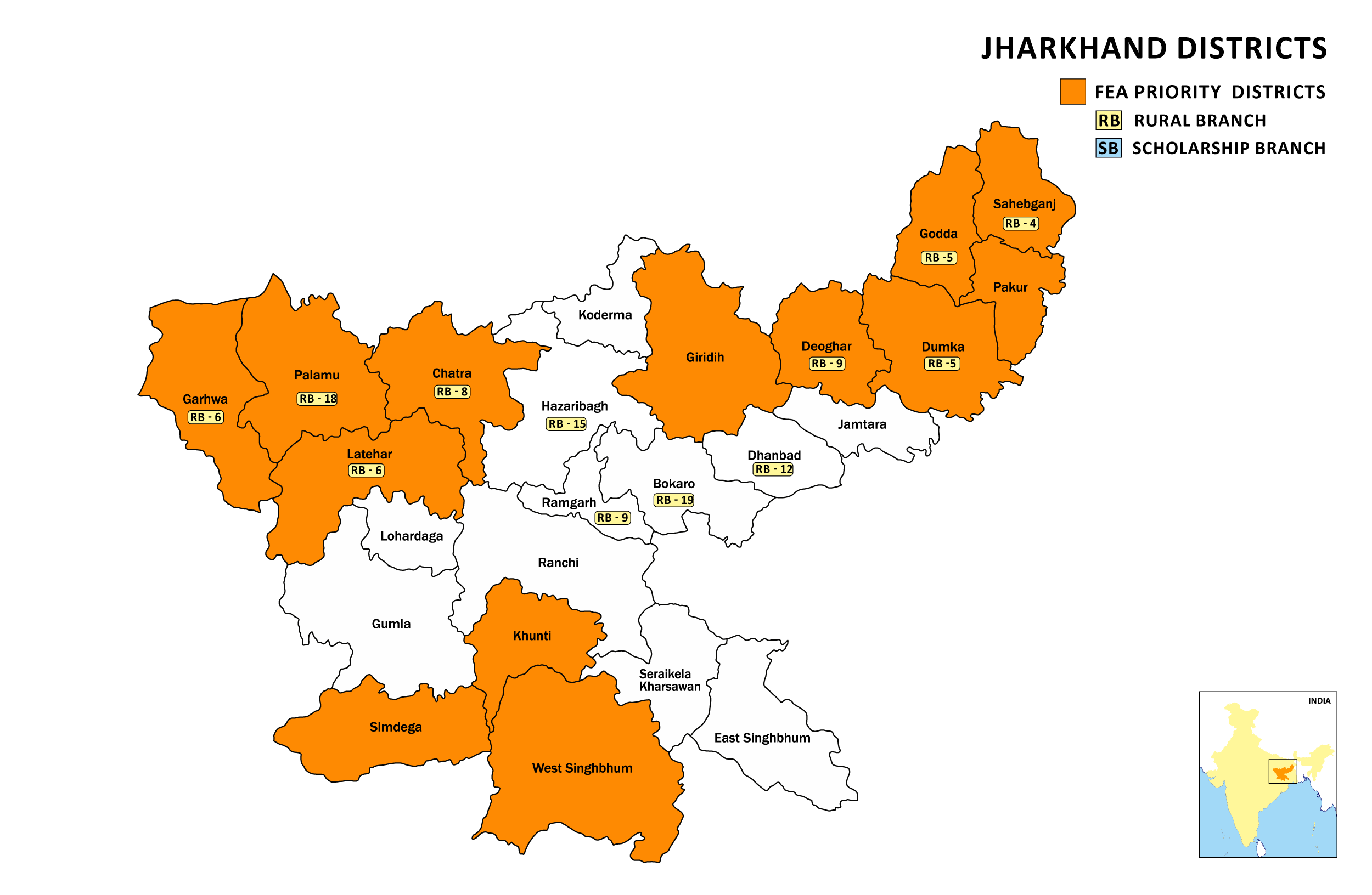 Jharkhand districts map showing FEA priority districts and Rural Branch (RB) and Scholarship Branch (SB) labels