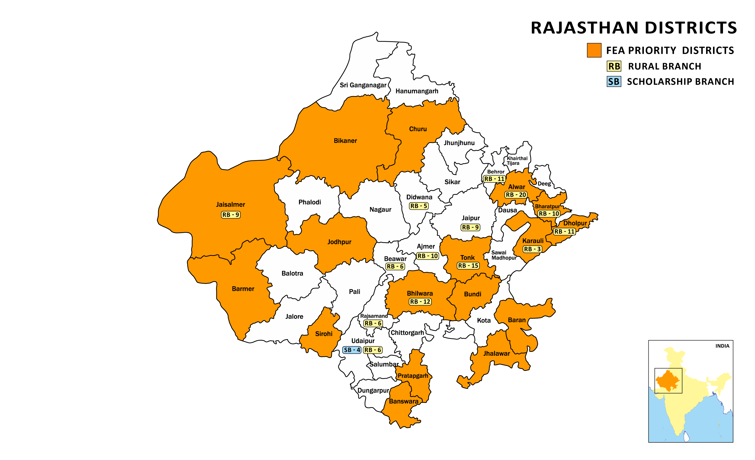 Rajasthan districts map showing FEA priority districts and Rural Branch (RB) and Scholarship Branch (SB) labels